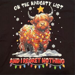 I'm On The Naughty List T-Shirt Women L Black Christmas Highland Cow Graphic Tee